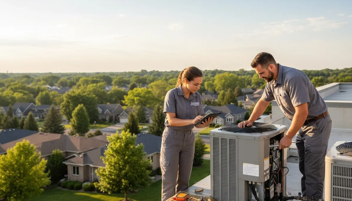 Professional AC repair technician servicing air conditioner in Cleveland, Ohio home