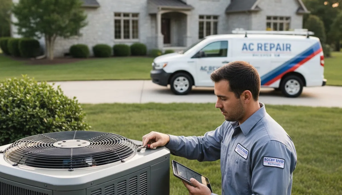 Professional AC repair technician servicing air conditioner unit in Cleveland, OH